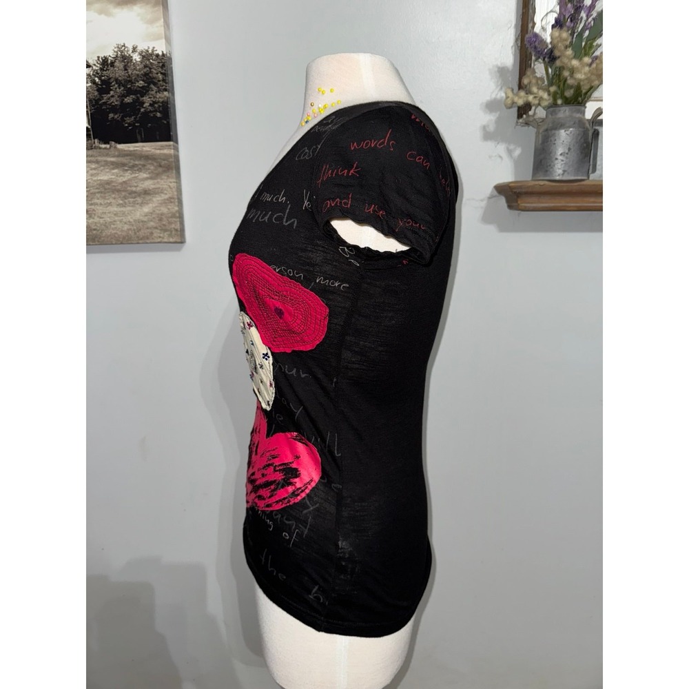 Desigual patchwork heart embroidered rhinestone tie back shirt sleeve black top - Picture 5 of 9